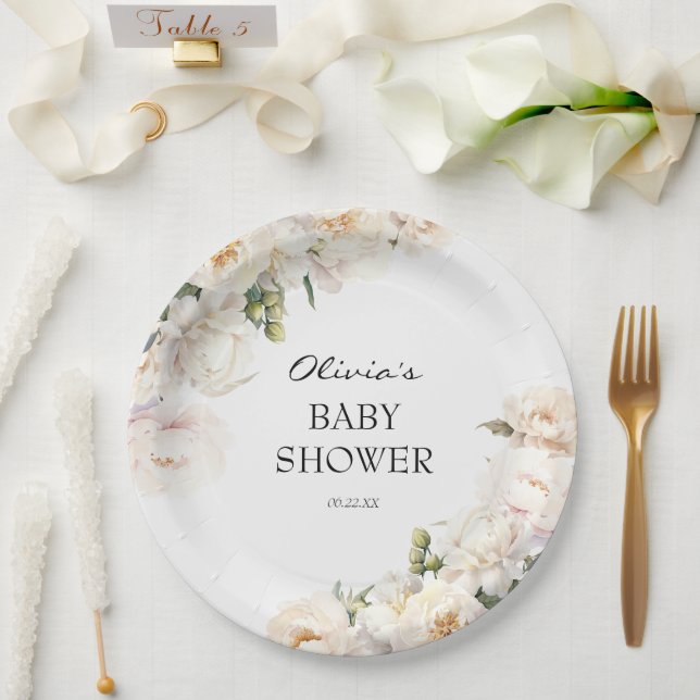 Ivory Peony Floral Garden Neutral Baby Pappteller (Hochzeit)