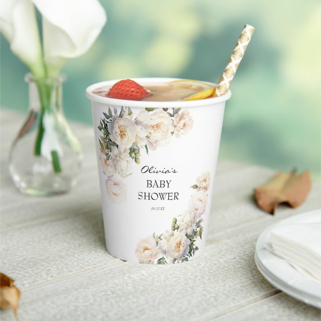 Ivory Peony Garden Neutral Baby Shower Pappbecher (In Situ)