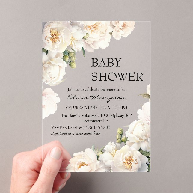 Ivory Peony Neutral Baby Shower Acryleinladungen (Insitu (Handheld))