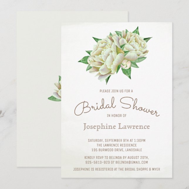 Ivory Peony Watercolor Brautparty Einladung (Vorne/Hinten)