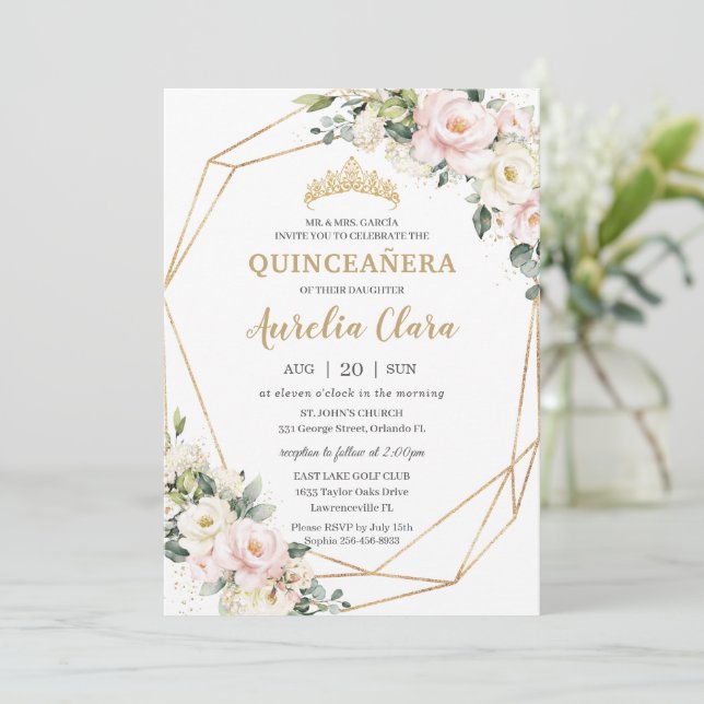 Ivory Pink Blush Bloral Geometric Quinceañera Einladung (Stehend Vorderseite)