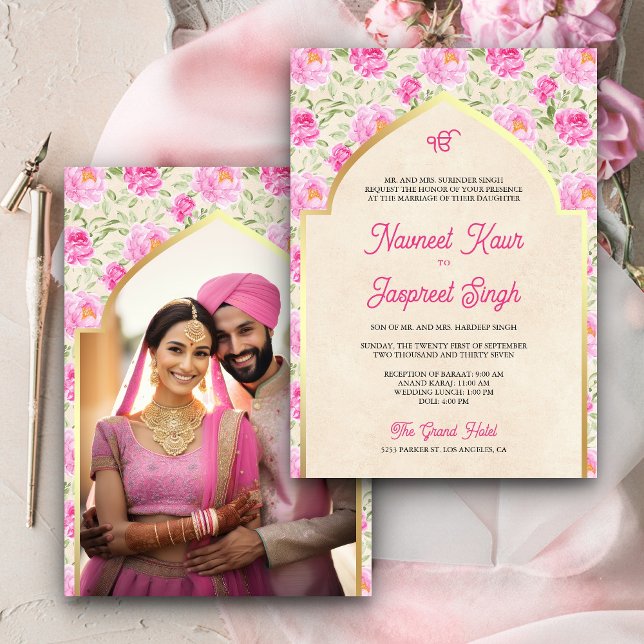 Ivory Pink Floral Foto Anand Karaj Sikh Wedding Einladung (Von Creator hochgeladen)