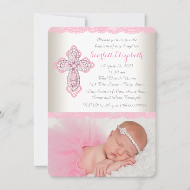 Ivory Pink Lace Diamond Cross Foto Taufe Einladung (Vorderseite)