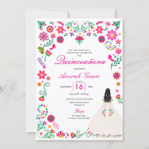 Ivory Pink Otomi Stickerei Quinceañera Einladung
