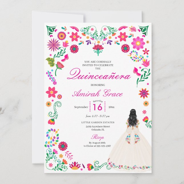 Ivory Pink Otomi Stickerei Quinceañera Einladung (Vorderseite)