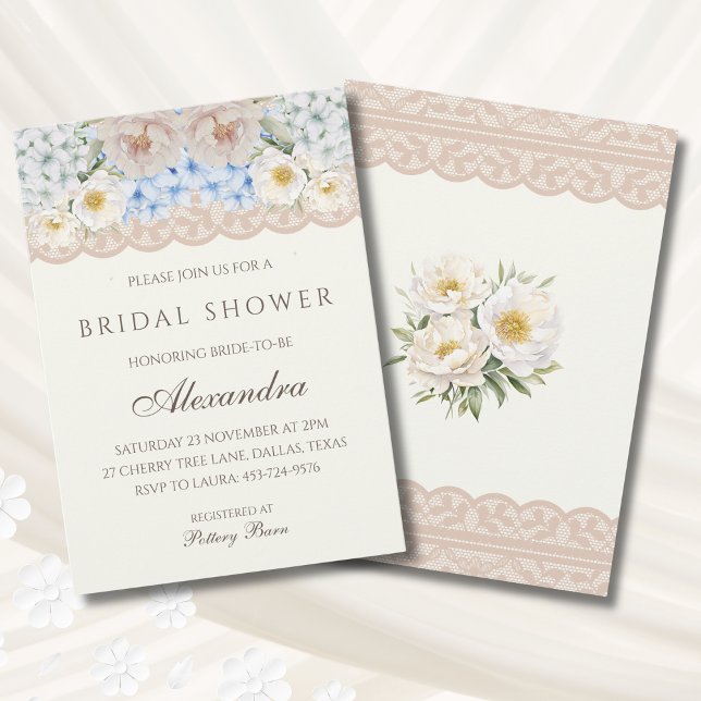 Ivory Pink Peony Blue Hydrangea Bridal Shower Einladung (Von Creator hochgeladen)