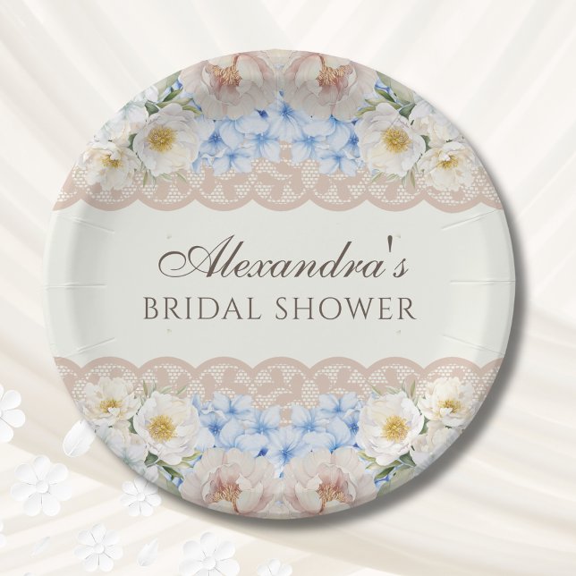 Ivory Pink Peony Blue Hydrangea Bridal Shower Pappteller (Von Creator hochgeladen)