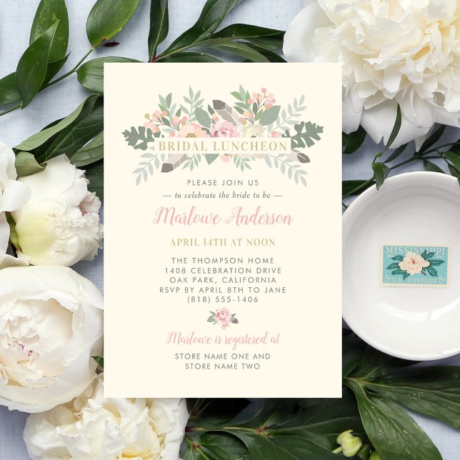 Ivory Pink und Gold Floral Boho Bridal Luncheon Einladung (Von Creator hochgeladen)