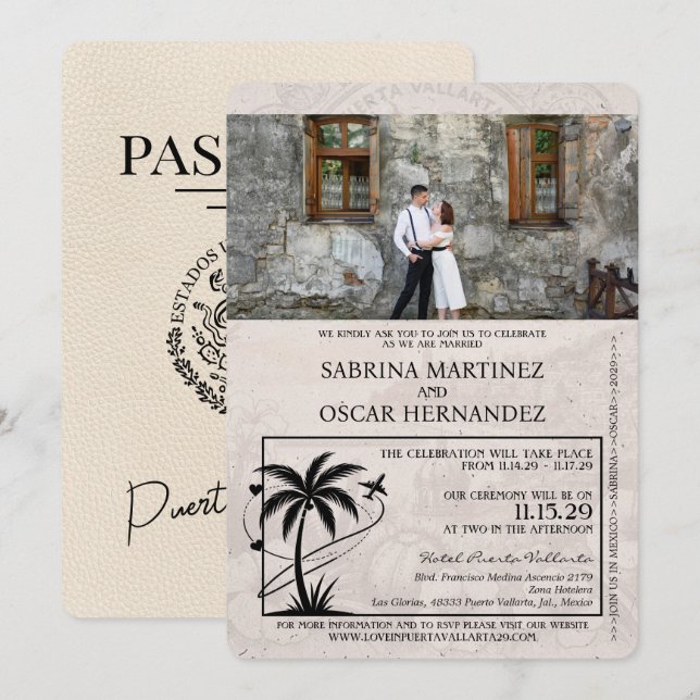 Ivory Puerta Vallarta Passport Wedding Einladung (Vorne/Hinten)