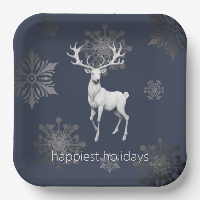 Ivory Reindeer Weihnachten | Blau Pappteller (Vorderseite)