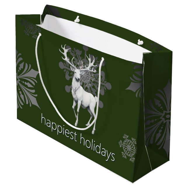 Ivory Reindeer Weihnachten | Green Große Geschenktüte (Rückseite Schrägansicht)