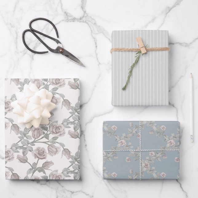 Ivory Rose, Sage Stripe & Dusty Blue Trellis Geschenkpapier Set (Vorderseite)