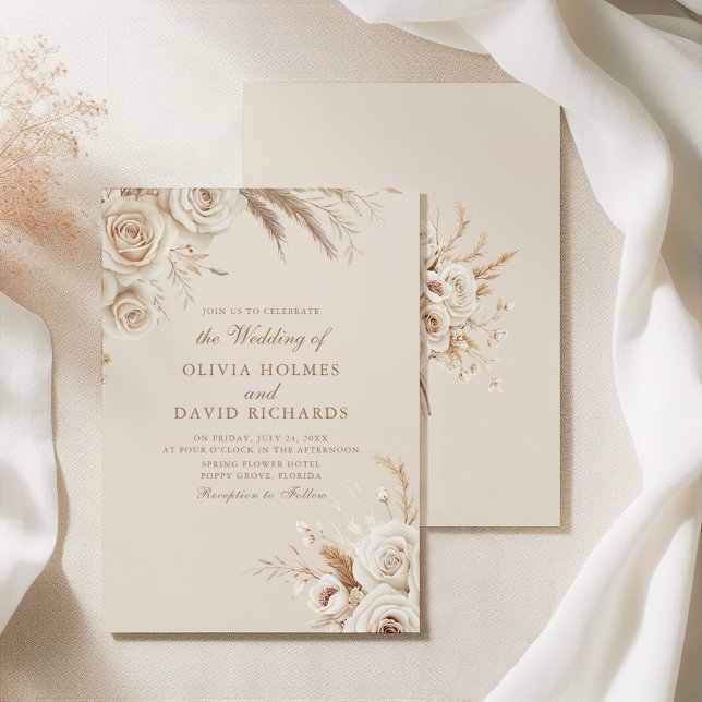 Ivory Roses & Dried Flowers Wedding Invitation Einladung (Boho Beige Dried Flower and White Roses Wedding Invitation on an elegant silky tableclothes
)