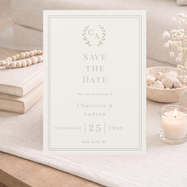 Ivory sage green monogram wreath wedding save the date (Von Creator hochgeladen)
