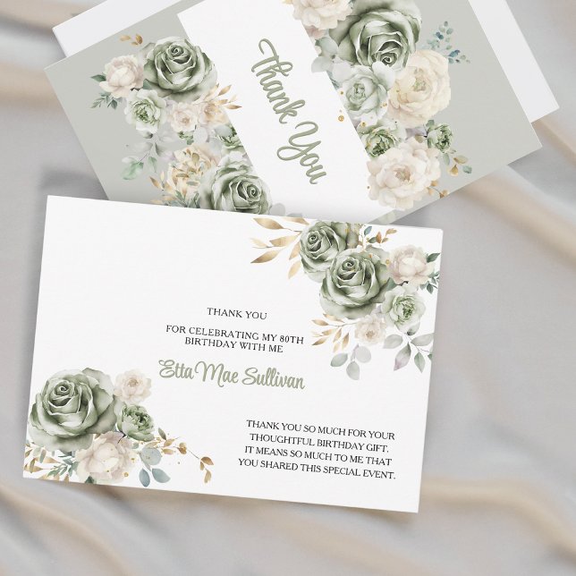 Ivory Sage green Roses Floral 80th birthday Dankeskarte (Von Creator hochgeladen)