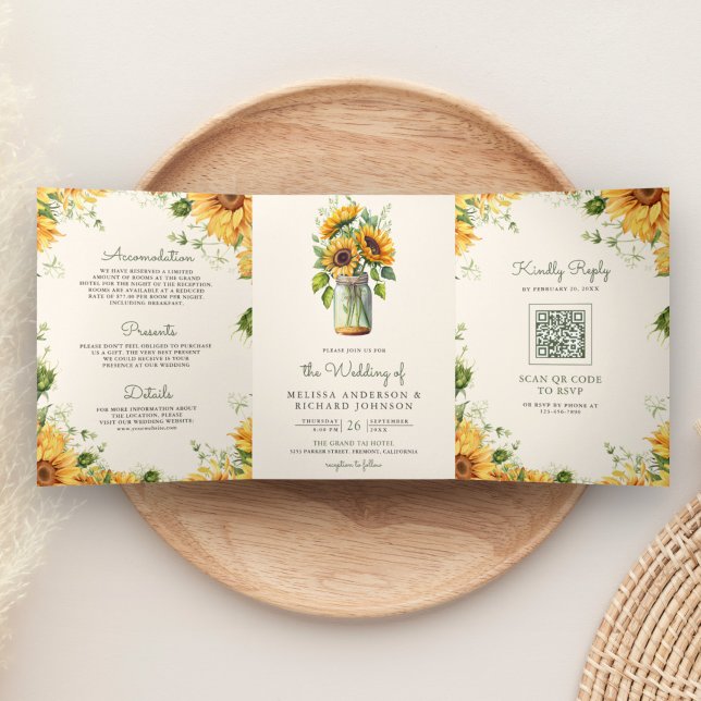 Ivory Sunflowers Mason Jar QR Code Wedding Dreifach Gefaltete Einladung (Von Creator hochgeladen)