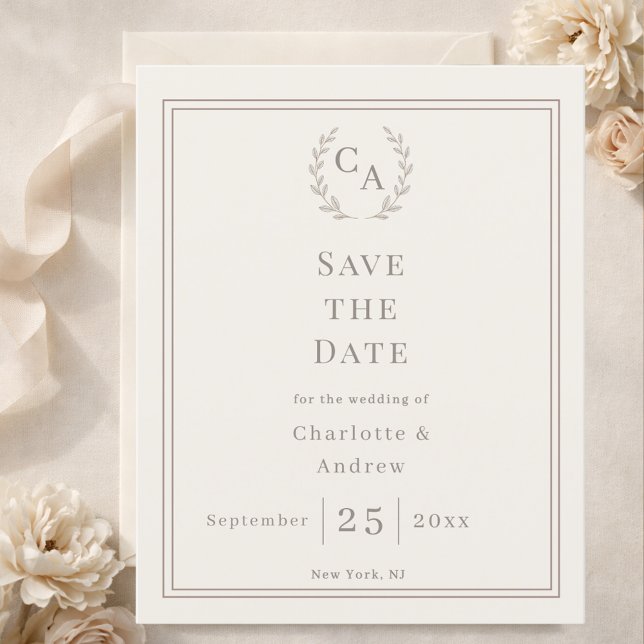 Ivory taupe monogram wreath wedding Save the Date  (Von Creator hochgeladen)