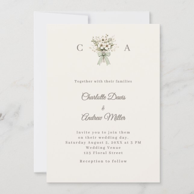 Ivory taupe monogrammed floral green wedding  einladung (Vorderseite)