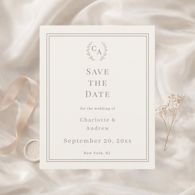 Ivory taupe monogrammed wedding Save the Date Flyer (Von Creator hochgeladen)