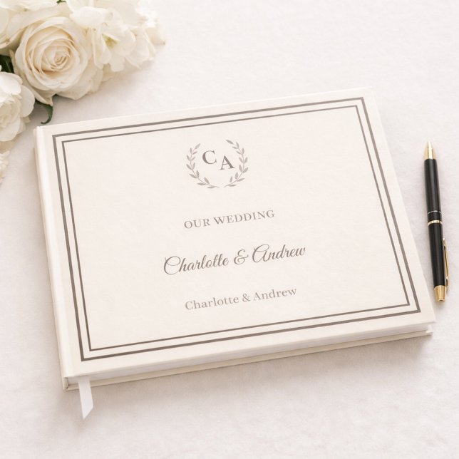 Ivory taupe monogrammed wreath wedding gästebuch (Von Creator hochgeladen)