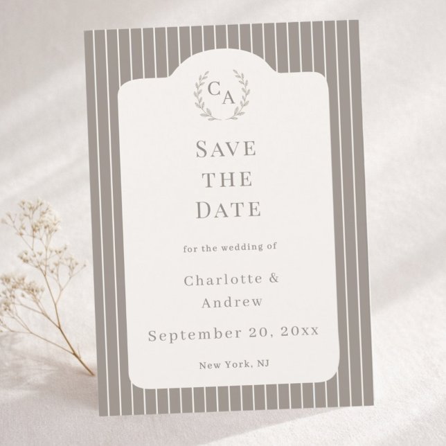 Ivory Taupe Neutral Pinstriped Wedding  Save The Date (Von Creator hochgeladen)
