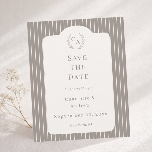 Ivory Taupe Pinstriped Wedding Save the Date Card (Von Creator hochgeladen)