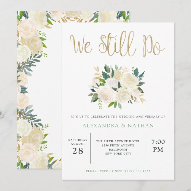 Ivory Watercolor Floral | Goldhochzeit Einladung (Vorne/Hinten)