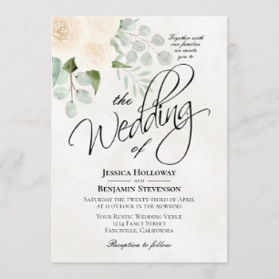 Ivory Watercolor Rose & Eucalyptus Boho Wedding Einladung