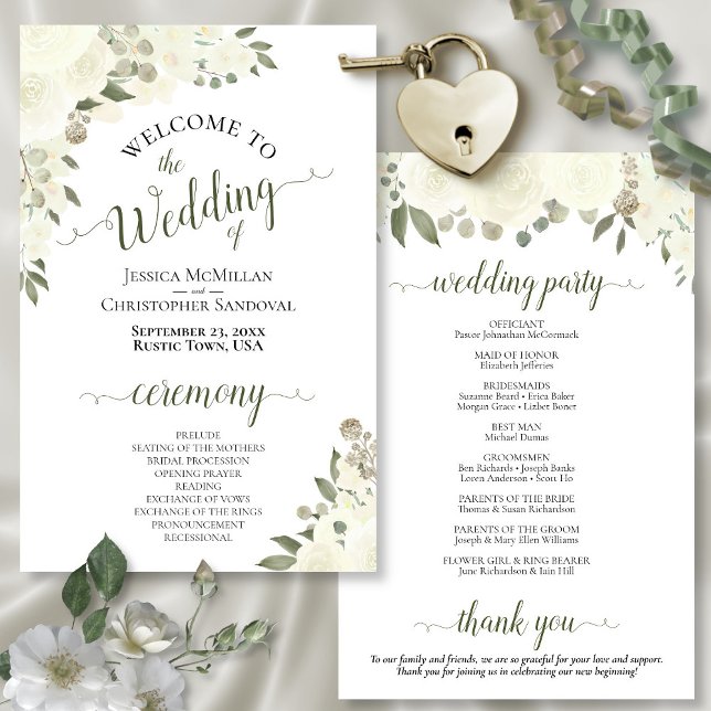 Ivory White Boho Floral Budget Wedding Programme (In Situ Front and Back)