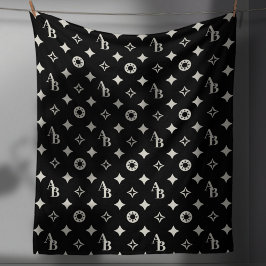 Ivory White Custom Initial Monogram Pattern Black Fleecedecke