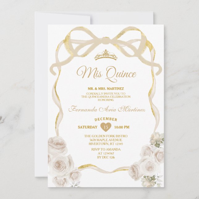 Ivory White Floral Bow Ribbon Gold Mis Quince Einladung (Vorderseite)