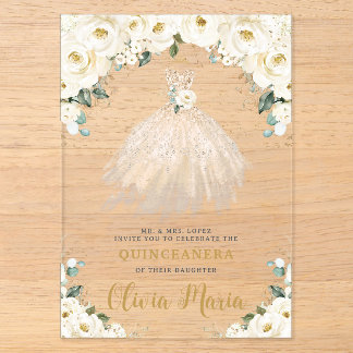 Ivory White Floral Champagne Dress Quinceañera Acryleinladungen