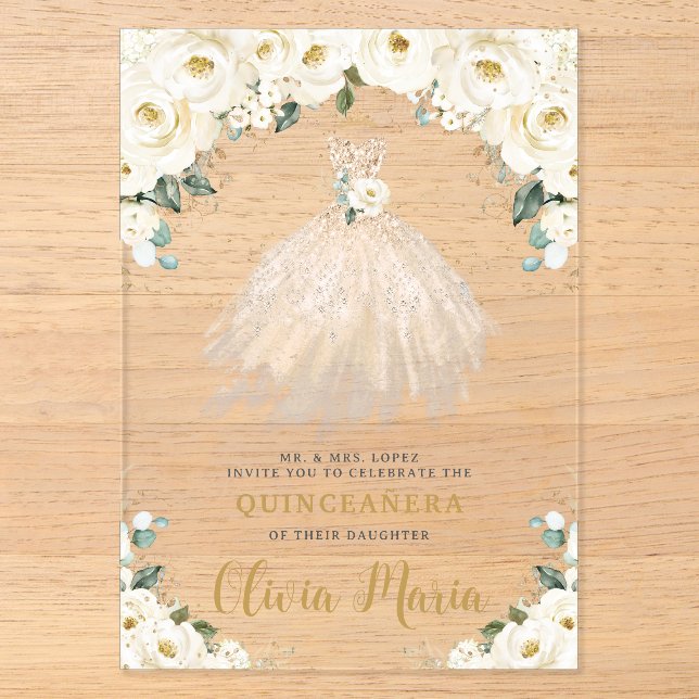 Ivory White Floral Champagne Dress Quinceañera Acryleinladungen (Vorderseite)