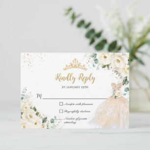 Ivory White Floral Champagne Dress Quinceañera XV RSVP Karte