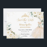 Ivory White Floral Champagne Dress Quinceañera XV Save The Date<br><div class="desc">Personalisieren Sie dieses hübsche Elfenbeinblütenblüte Quinceañera / Sweet 16 Geburtstag Save the Date einfach und schnell. Klicken Sie einfach auf die Schaltfläche Tool bearbeiten, um den Text weiter zu bearbeiten, die Schriftart-Stile und -Farben zu ändern. Freuen Sie sich auf schicke, weiße Blume aus Elfenbein und ein schönes Champagner-Goldkleid. Matching-Elemente im...</div>