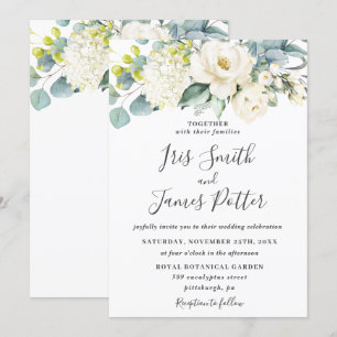Ivory White Floral Eukalyptus Greenerity Wedding Einladung