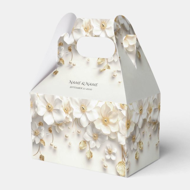 Ivory White Floral Gold Blätter Gefälligkeitsbox Geschenkschachtel (Vorderseite)