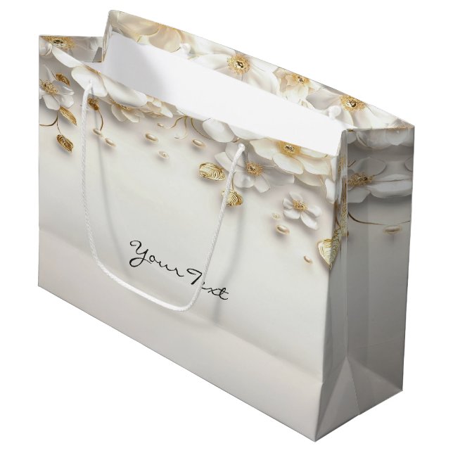 Ivory White Floral Gold Blätter Geschenktasche Große Geschenktüte (Vorderseite Schrägansicht)