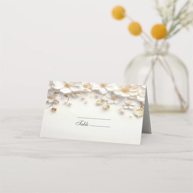 Ivory White Floral Gold Blätter Platzkarte (Vorderseite)