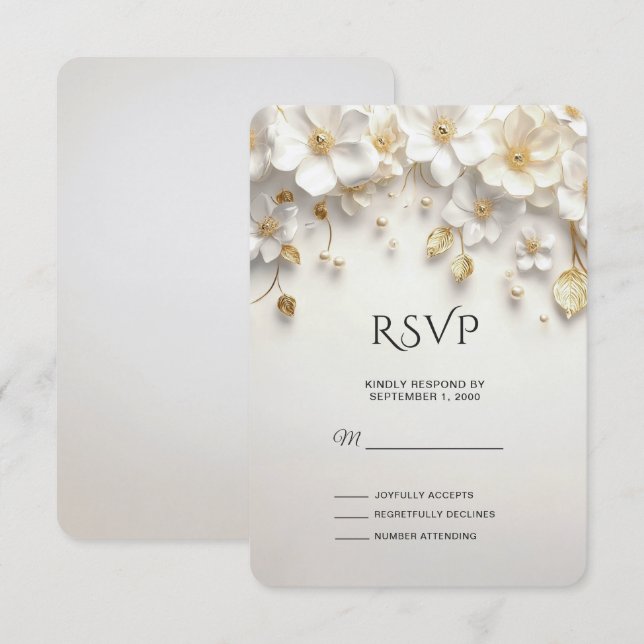 Ivory White Floral Gold Blätter RSVP Card (Vorne/Hinten)