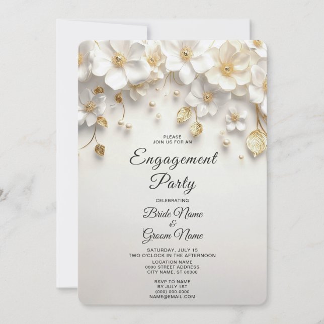 Ivory White Floral Gold Blätter Verlobung Einladung (Vorderseite)