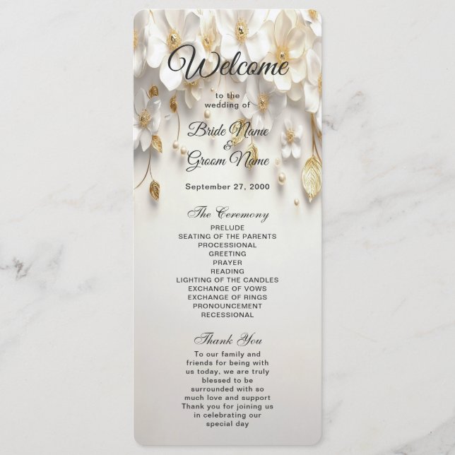 Ivory White Floral Gold Feuilles programme de mari (Devant)