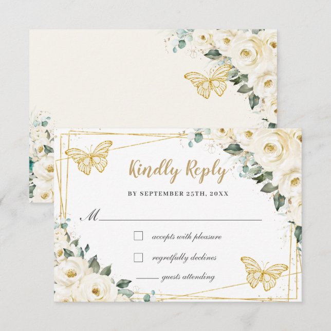Ivory White Floral Gold Quinceñera Prinzessin Antw RSVP Karte (Vorne/Hinten)