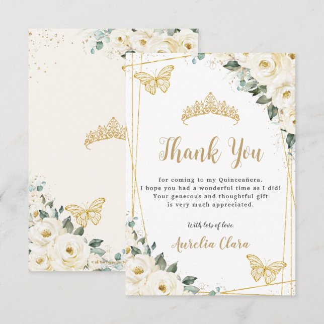 Ivory White Floral Gold Schmetterlinge Quinceañera Dankeskarte (Vorne/Hinten)