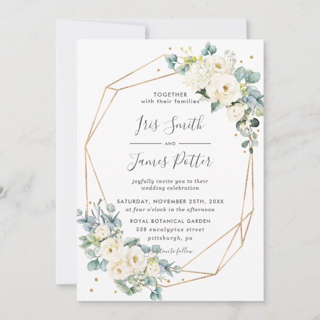 Ivory White Floral Greenery Gold Geometric Wedding Einladung (Vorderseite)