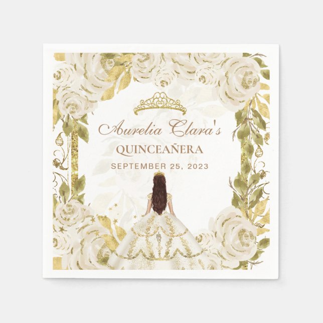 Ivory White Floral Princess Gold Arch Quinceanera Serviette (Vorderseite)
