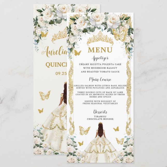 Ivory White Floral Quinceañera Brown Princess Menu (Devant / Derrière)