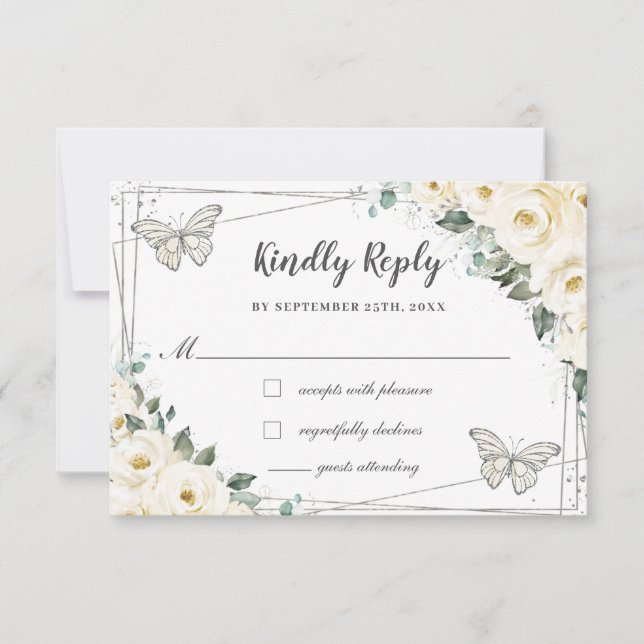 Ivory White Floral Silver Quinceañera Butterfliege RSVP Karte (Vorderseite)