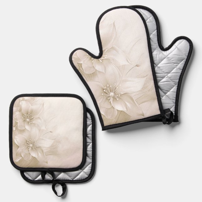 Ivory White Flowers Ofenhandschuh & Topflappen-Set (Vorderseite/Rückseite)
