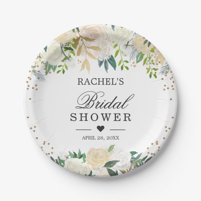 Ivory White Green Floral Brautparty Pappteller (Vorderseite)
